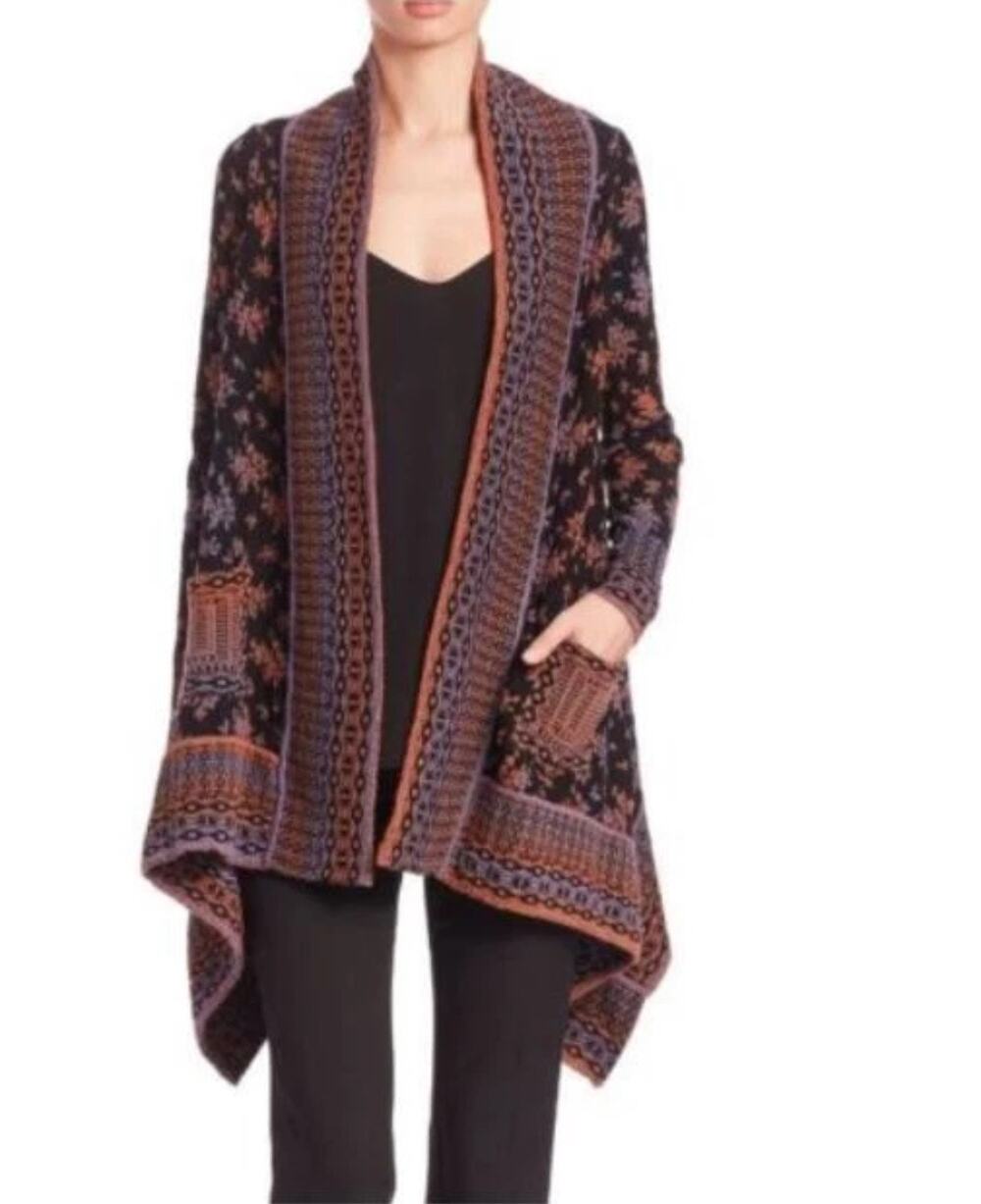 Nanette Lepore Bianca Jacquard Black Copper Purple Patterned Wool Cardigan Large